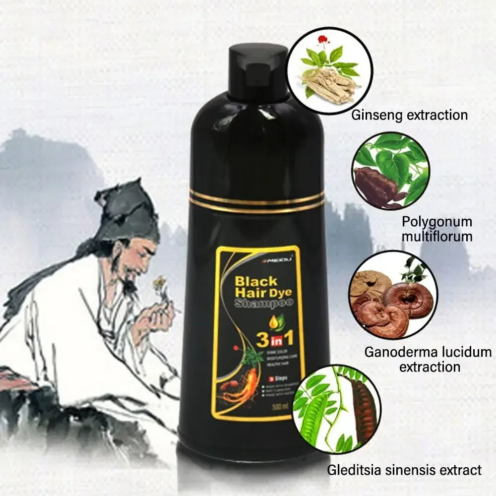 3-in-1 Instant Coloring Shampoo - 500ml Natural Black Hair Dye for Men and Women with Herbal Extracts