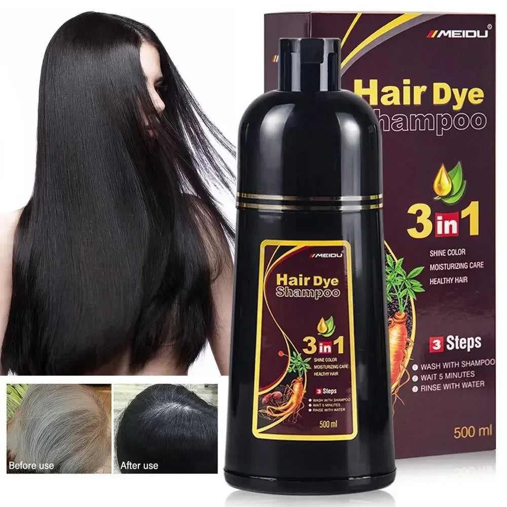 3-in-1 Instant Coloring Shampoo - 500ml Natural Black Hair Dye for Men and Women with Herbal Extracts