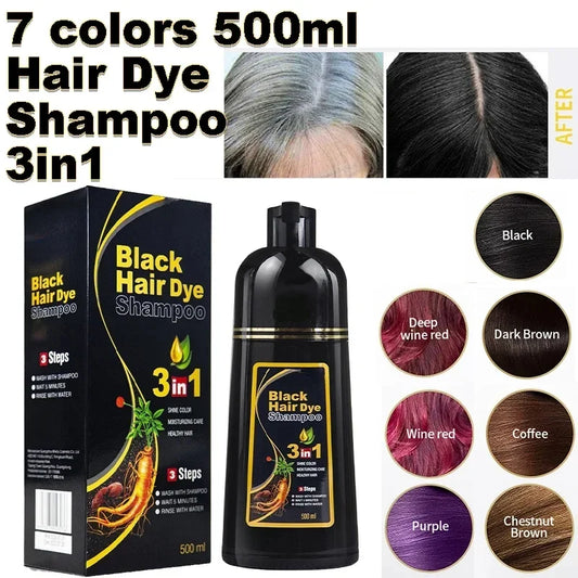 3-in-1 Instant Coloring Shampoo - 500ml Natural Black Hair Dye for Men and Women with Herbal Extracts